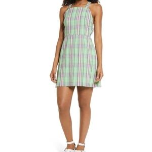 Bp Print Square Neck Cotton Green Mini Dress